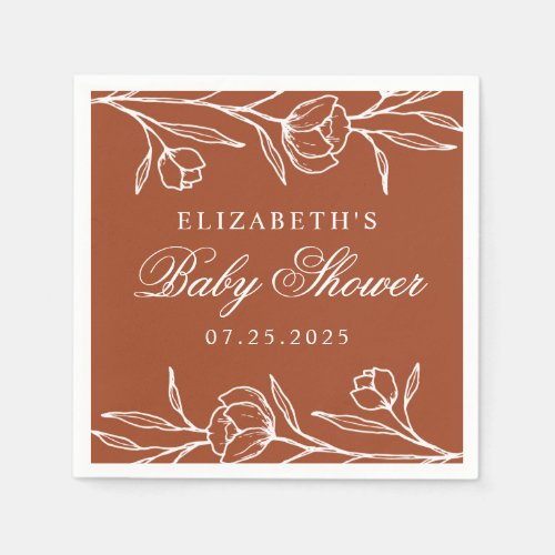 Terracotta Sketched Floral Baby Shower Napkins