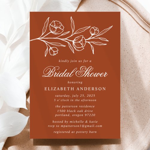 Terracotta Sketched Floral Bridal Shower Invitation