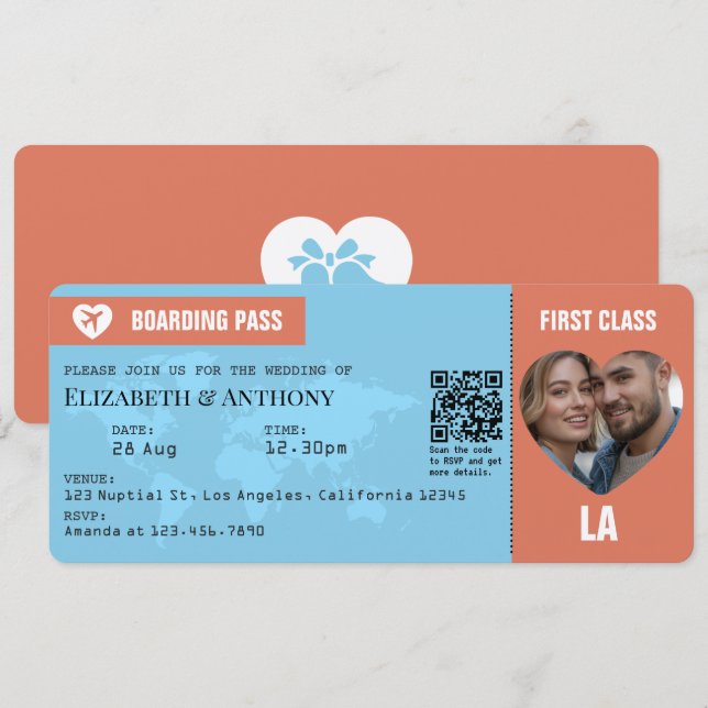 Terracotta & Sky Blue Boarding Pass Wedding Invitation (Front/Back)