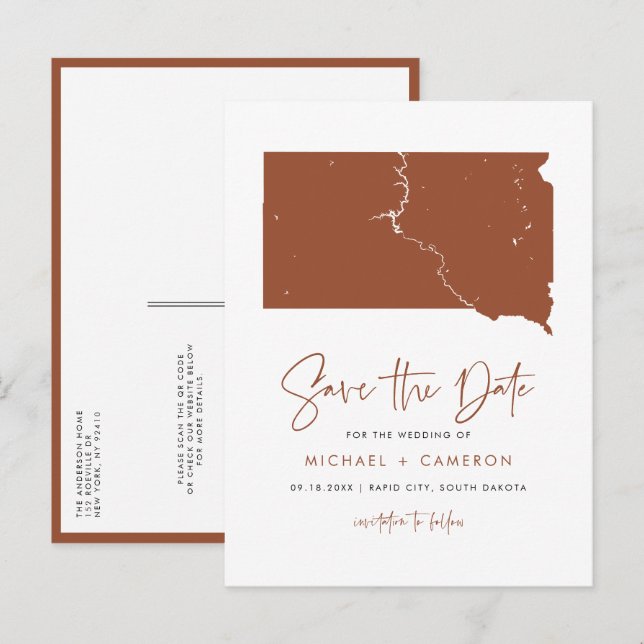 Terracotta South Dakota Map QR Code Save the Date Announcement Postcard (Front/Back)