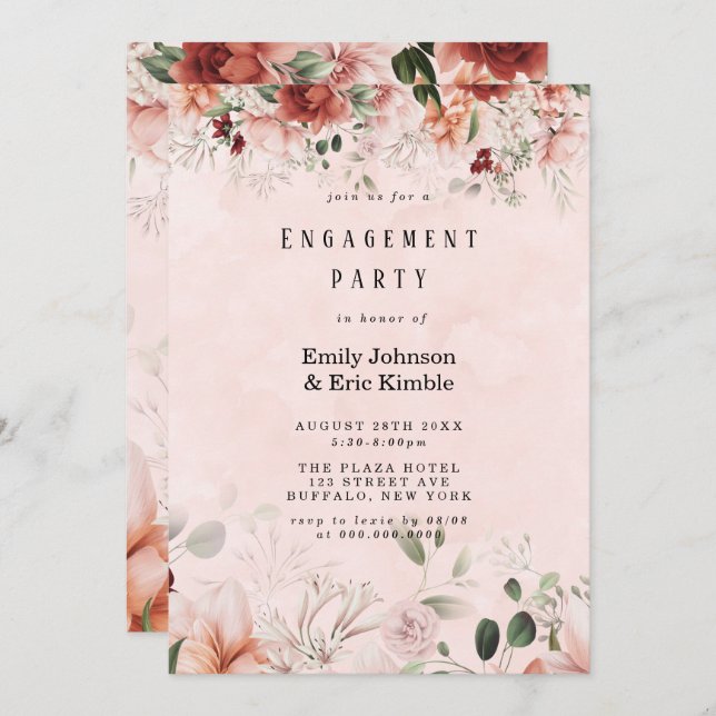 Terracotta Spring Fall Floral Engagement Party Invitation (Front/Back)