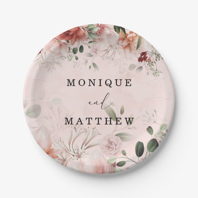 Terracotta Spring Fall Rustic Floral Wedding Paper Plates (Front)