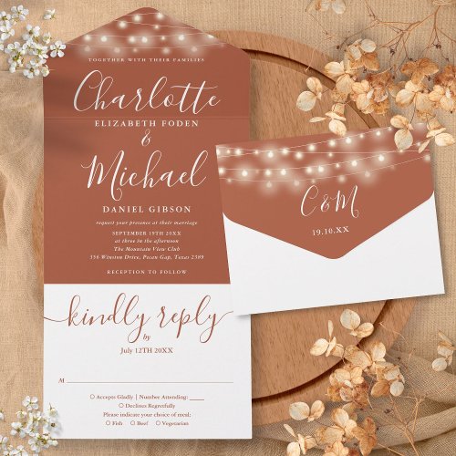 Terracotta String Lights Elegant Script Wedding All In One Invitation