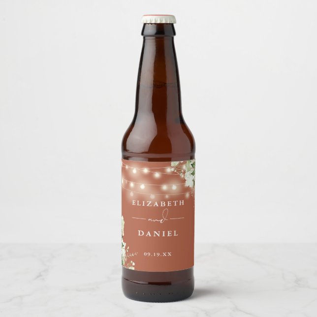 Terracotta String Lights Floral Greenery Wedding Beer Bottle Label (Front)