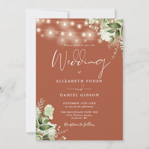 Terracotta String Lights Floral Monogram Wedding Invitation