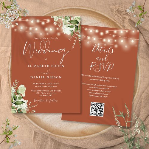 Terracotta String Lights Floral QR Code Wedding Invitation