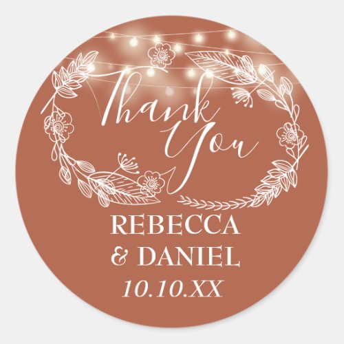 Terracotta String Lights Floral Thank You Classic Round Sticker