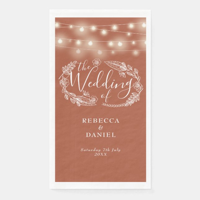 Terracotta String Lights Floral Wedding Paper Guest Towels (Front)