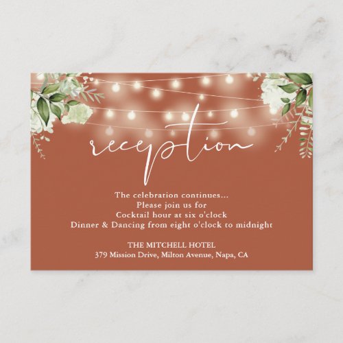 Terracotta String Lights Floral Wedding Reception Enclosure Card