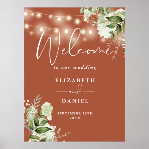 Terracotta String Lights Floral Wedding Welcome Poster