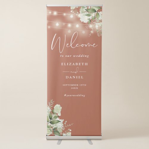 Terracotta String Lights Floral Wedding Welcome Retractable Banner