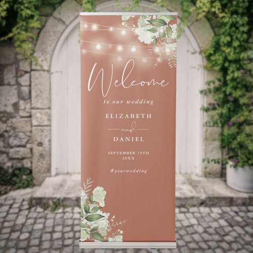 Terracotta String Lights Floral Wedding Welcome Retractable Banner