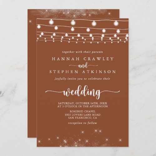 Terracotta String Lights Front  Back Wedding  Invitation