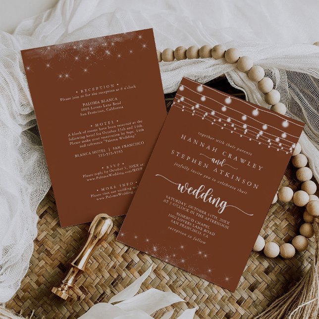 Terracotta String Lights Front & Back Wedding  Invitation (Creator Uploaded)