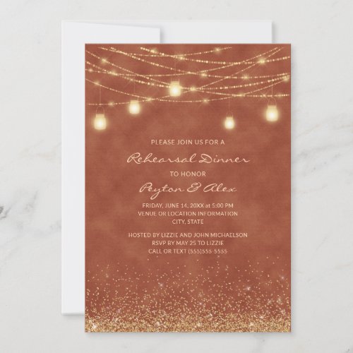 Terracotta String Lights Glitter Elegant Rehearsal Invitation