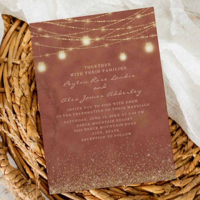 Terracotta String Lights Gold Glitter Wedding  Invitation (Creator Uploaded)