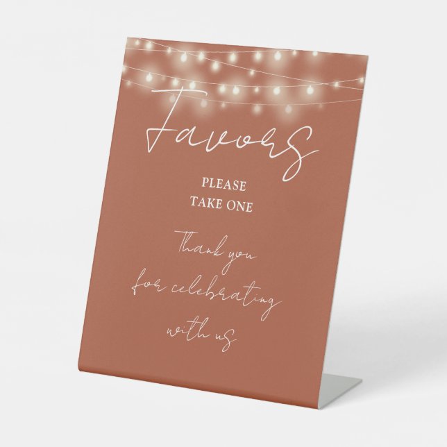 Terracotta String Lights Modern Script Favors Pedestal Sign (Front)