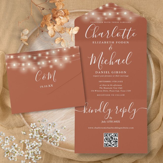 Terracotta String Lights QR Code Monogram Wedding  All In One Invitation (Terracotta String Lights QR Code Monogram Wedding All In One Invitation)