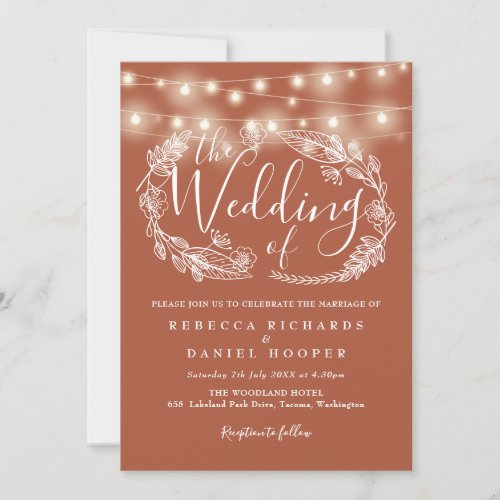 Terracotta String Lights Script Wedding Invitation