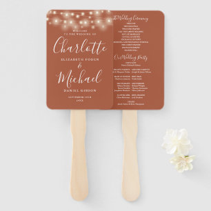 Terracotta String Lights Script Wedding Program Hand Fan