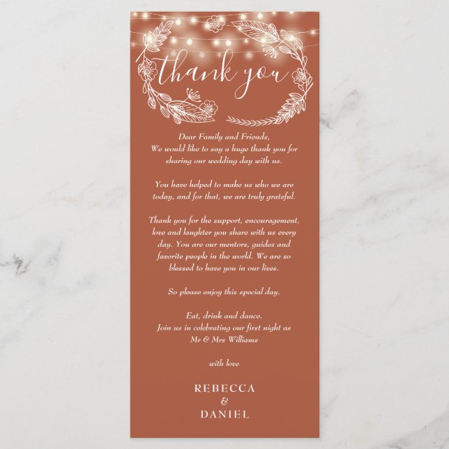 Terracotta String Lights Thank You Place Card (Front)