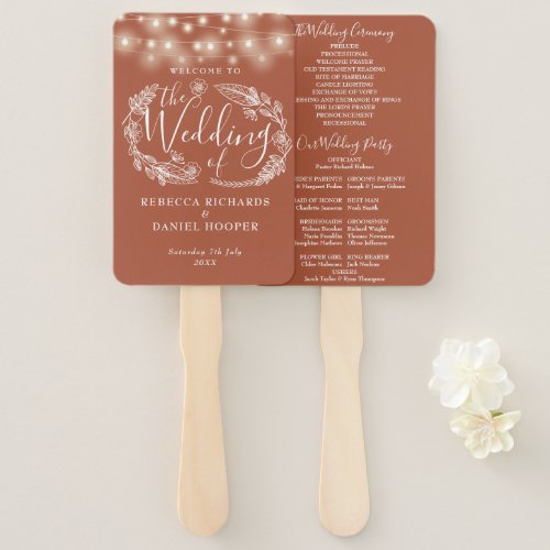 Terracotta String Lights Wedding Program Hand Fan