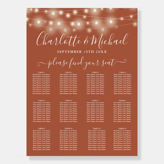 Terracotta String Lights Wedding Seating Chart Foam Board (Front)