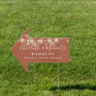 Terracotta String Lights Wedding This Way Arrow Sign