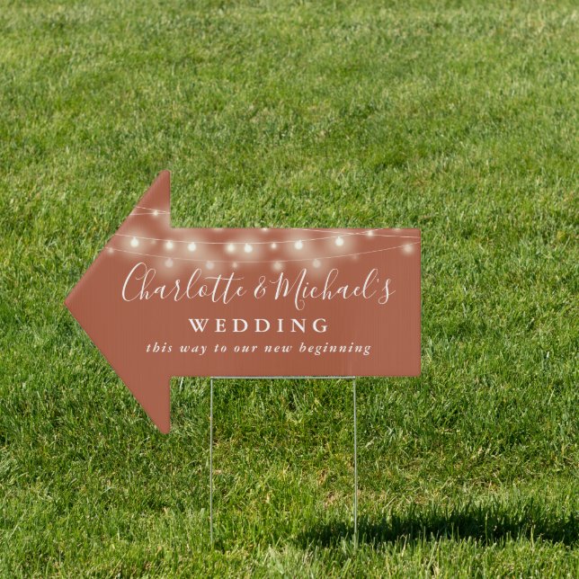 Terracotta String Lights Wedding This Way Arrow Sign (Insitu)