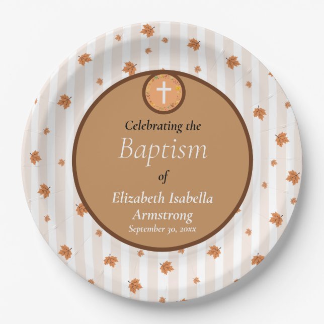 Terracotta Stripe Pattern Wreath Autumn Baptism Paper Plates (Front)