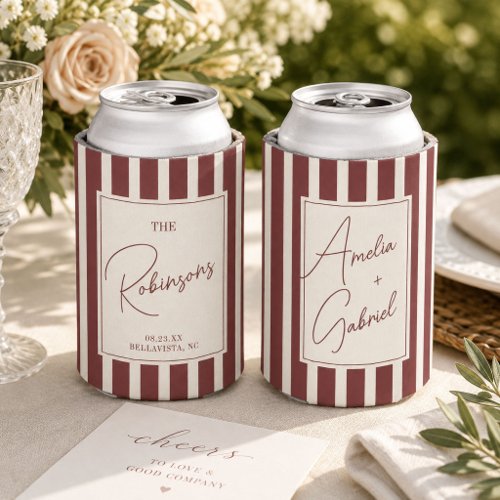 Terracotta Striped Wedding Custom Couple Names Can Cooler