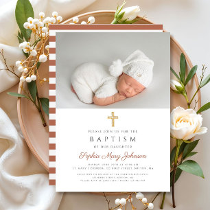 Terracotta Stripes Religious Cross Photo Baptism Invitation