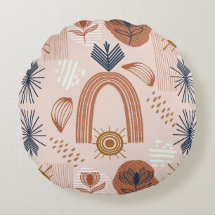 Terracotta Sunrise: Boho Harmony, Blush Pink Round Pillow