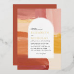 Terracotta Sunrise | Boho Wedding Invitation Foil Invitation<br><div class="desc">Featuring beautiful abstract paint brush strokes and trendy arch framing your wedding details with your names in real gold foil. Terracotta is a popular color for weddings. Paired with shades of orange and marigold makes this invitation suite both sophisticated and vibrant. Add your custom wording to this design by using...</div>