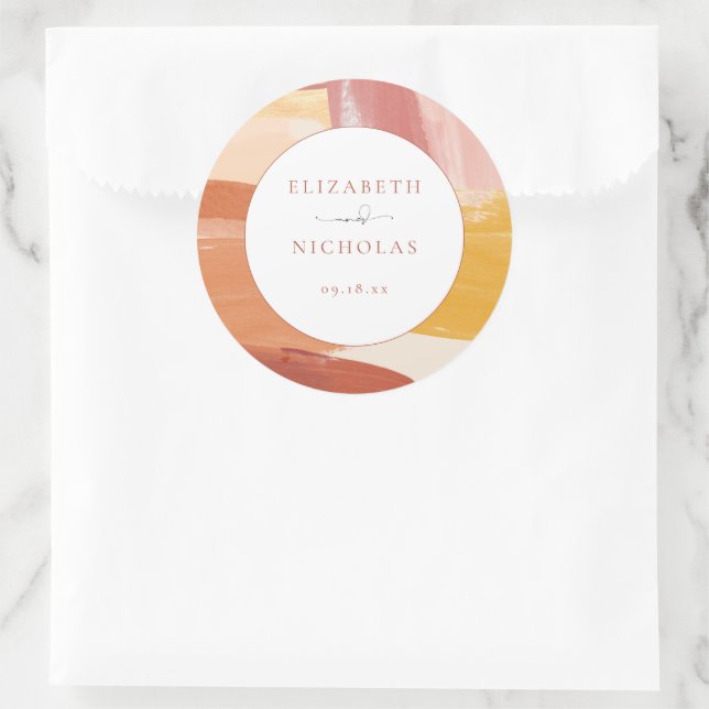 Terracotta Sunrise | Monogram Wedding Classic Round Sticker (Bag)