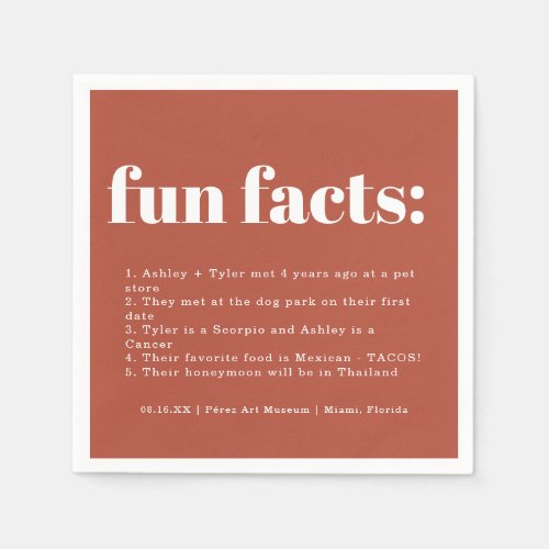 Terracotta Sunrise  Wedding Fun Facts Napkins