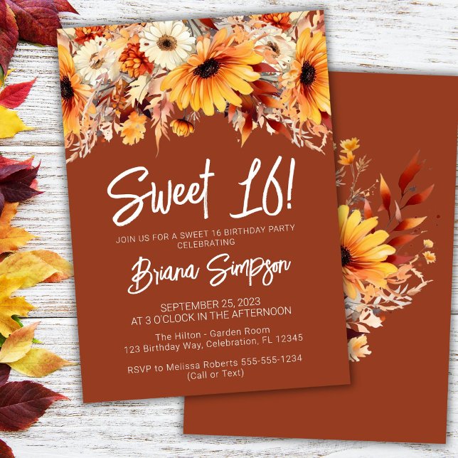 Terracotta Sweet 16 Birthday Fall Floral Invitation (Creator Uploaded)