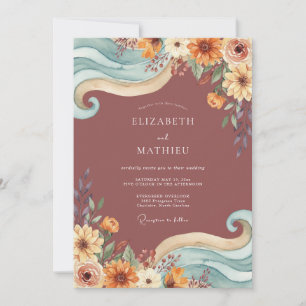Terracotta Teal Artistic Bohemian Wedding Invitation