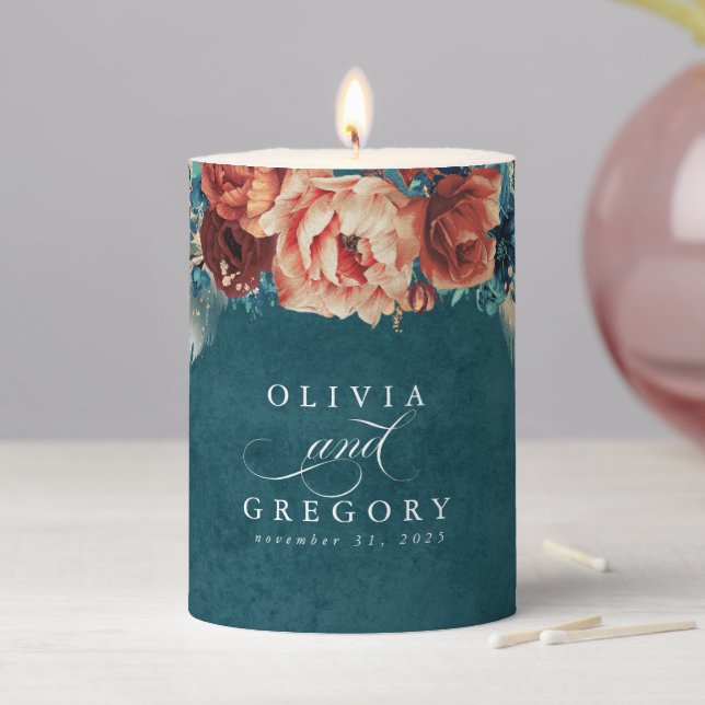 Terracotta Teal Blue Floral Boho Modern Wedding Pillar Candle (In Situ)