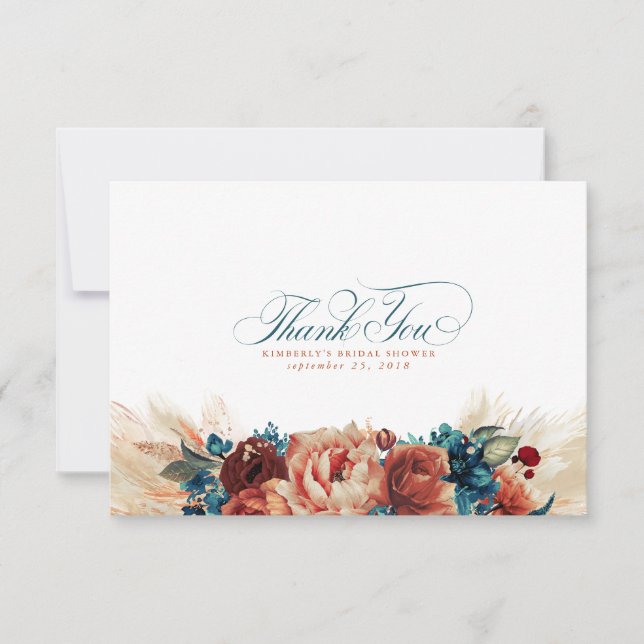 Terracotta Teal Blue Floral Boho Small Thank You (Front)