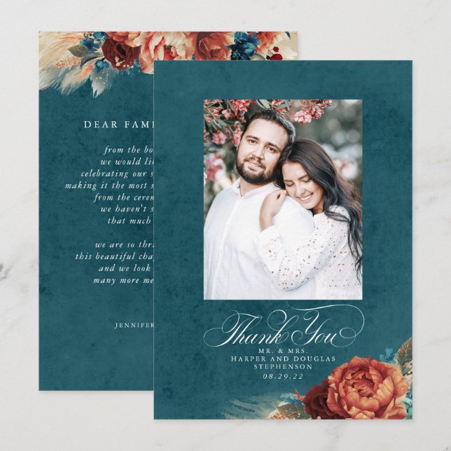 Terracotta Teal Blue Wedding Thank You Photo Card (Front/Back)