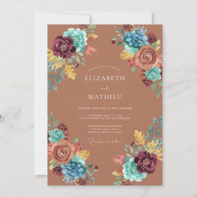 Terracotta Teal Botanical Floral Wedding Invitation (Front)