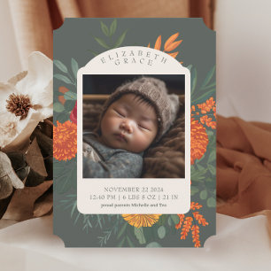 Terracotta Teal Fall Floral Birth Announcement