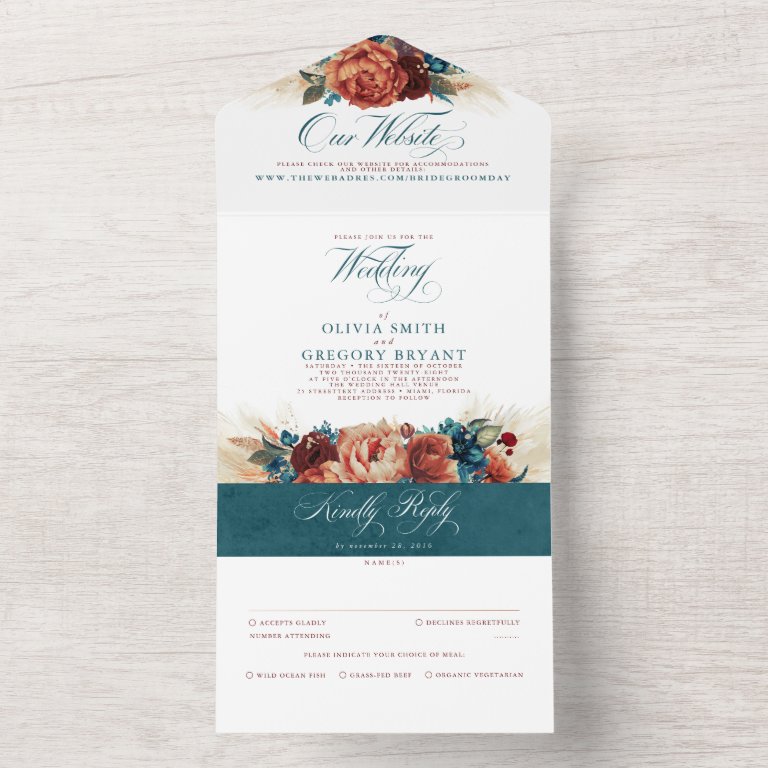 Terracotta Teal Floral Boho Elegant Wedding All In One Invitation