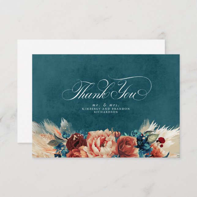 Terracotta Teal Floral Boho Wedding Thank You (Front/Back)