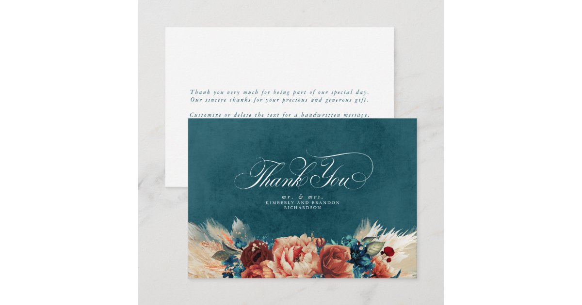 Terracotta Teal Floral Boho Wedding Thank You Card | Zazzle