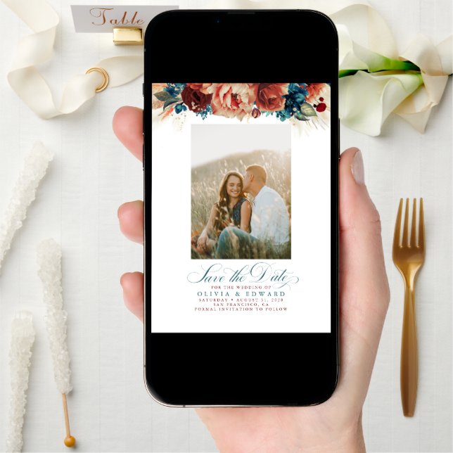 Terracotta Teal Floral Save The Date Photo (Front Digital)