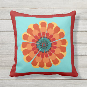 Terracotta & Teal Flower with Red Orange Border Throw Pillow