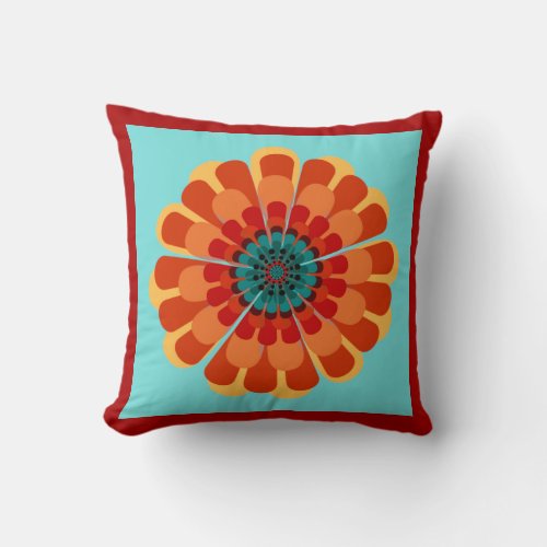 Terracotta  Teal Flower with Red Orange Border Throw Pillow