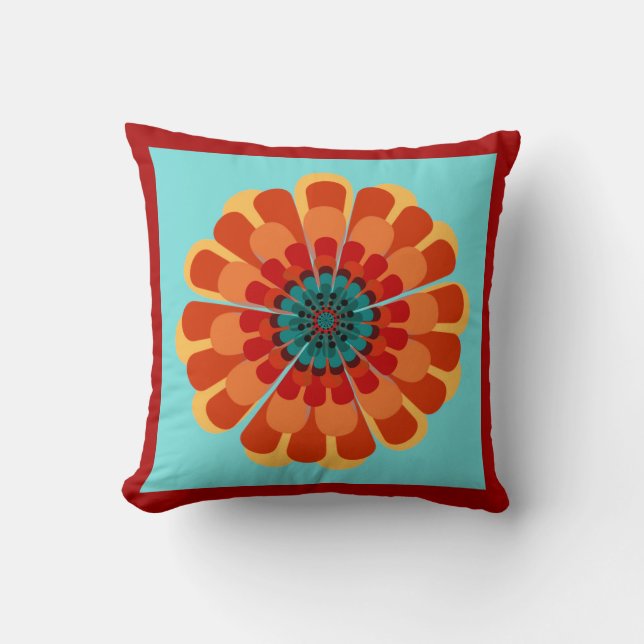 Terracotta & Teal Flower with Red Orange Border Throw Pillow (Front)
